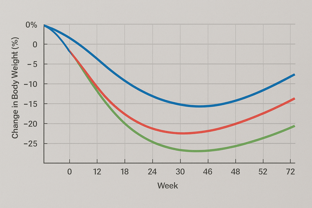 GLP-1 주사제별 체중감량 곡선 비교 그래프 (72주 임상 기반)