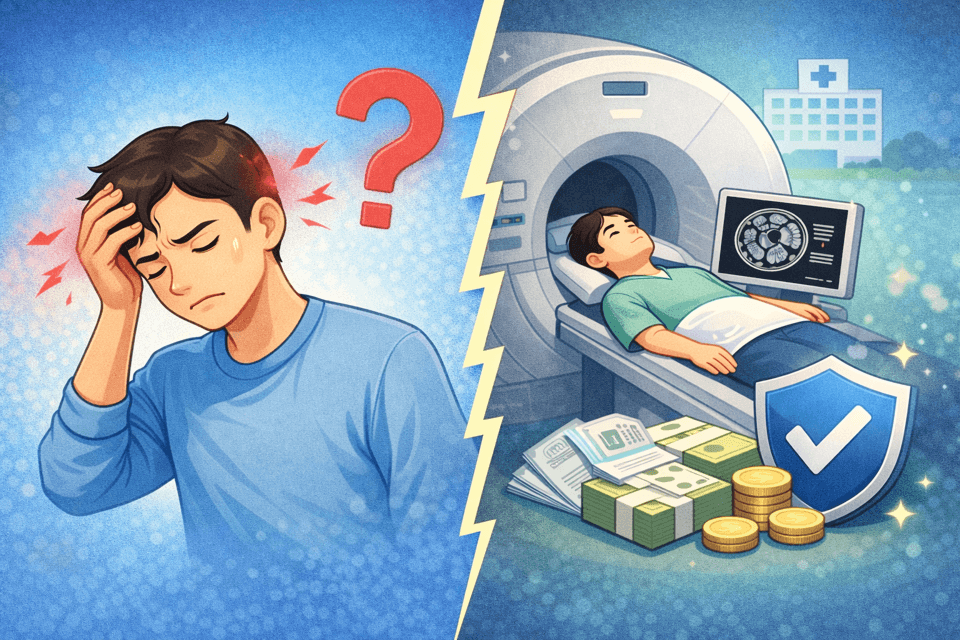 두통과 어지럼증으로 시행한 뇌 MRI 실비보험 적용 기준을 설명하는 이미지