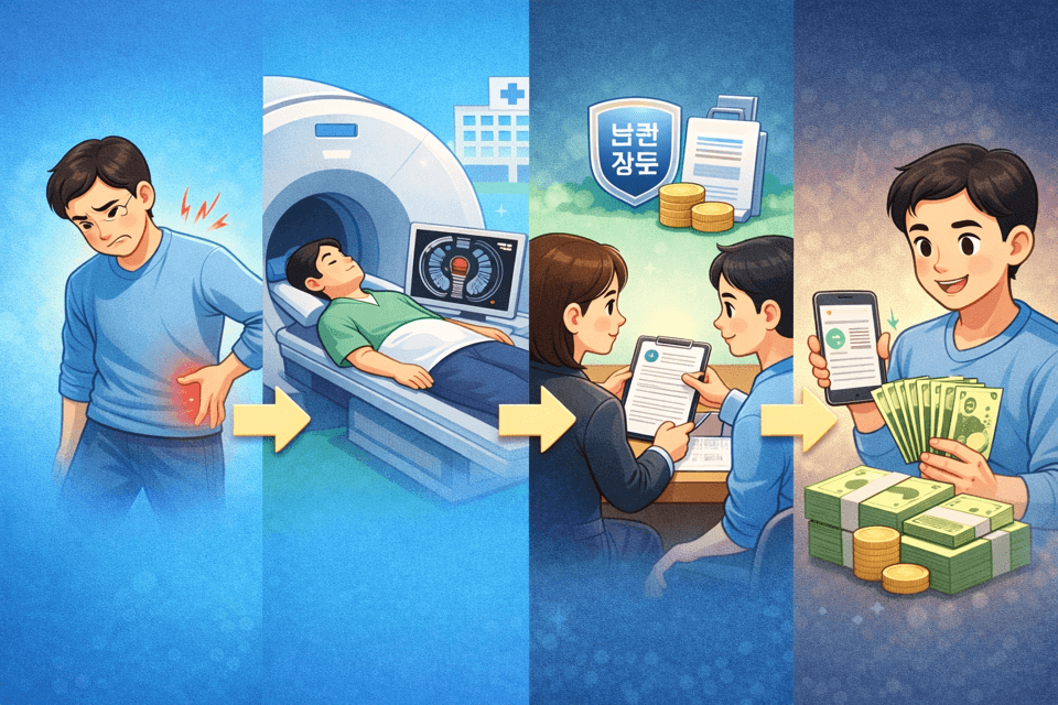 허리 디스크 의심으로 요추 MRI 촬영 후 실비보험 청구 과정을 설명하는 이미지